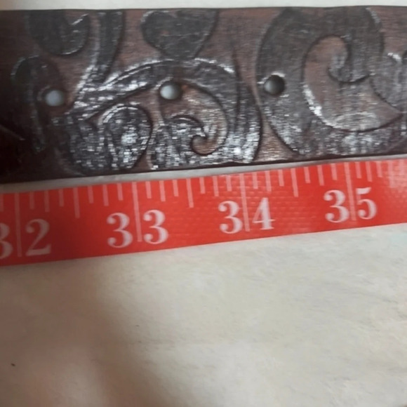 Brighton Dark Brown Handtooled Leather Belt with Silver Heart Oval Buckle - Picture 12 of 15